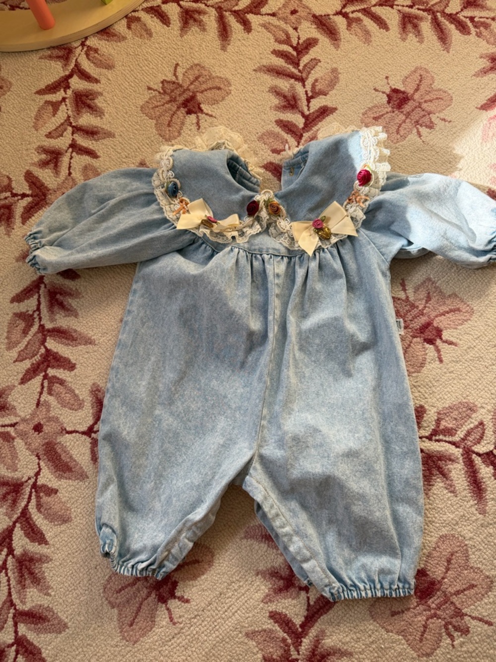 Vintage Light Blue Denim Baby One-Piece Jumpsuit with Lace Trim